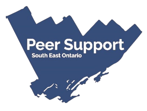 The Peer Support Logo. Blue paint with Peer Support in large letters and South East Ontarion in smaller letters.